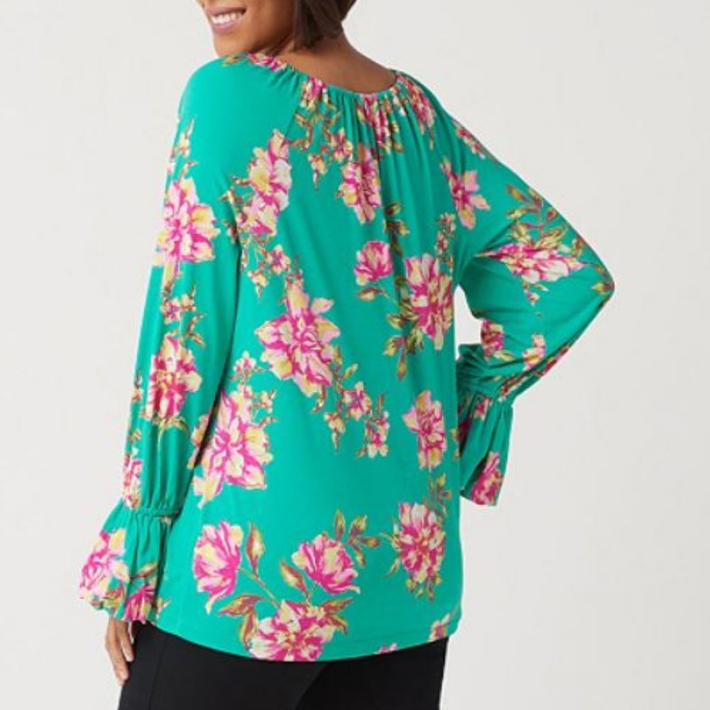 Susan Graver Printed Liquid Knit Peasant Top 3237 - Picture 2 of 3